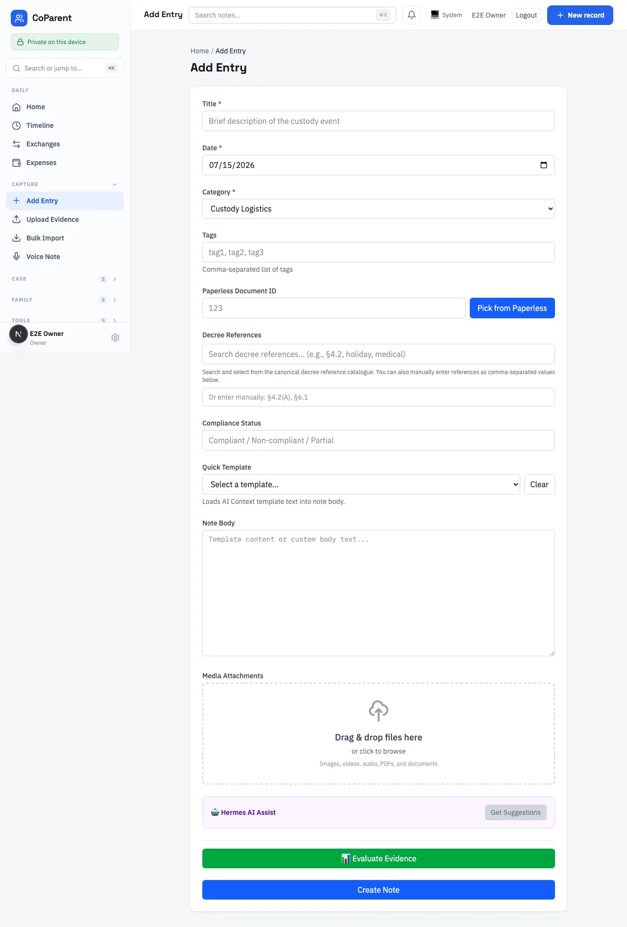 CPS new entry editor with structured fields and attachments